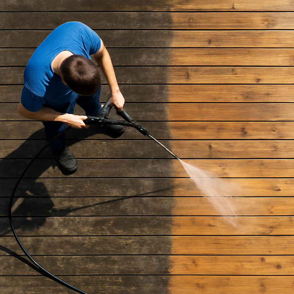 Pressure washing a wooden deck on Vancouver Island